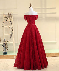 Burgundya Line Lace Long Prom Dress, Burgundy Evening Dress