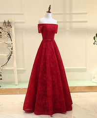 Burgundya Line Lace Long Prom Dress, Burgundy Evening Dress