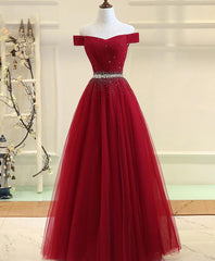 Burgundy Tulle Off Shoulder Long Prom Dress, Burgundy Evening Dress