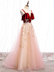 Burgundy A-line Tulle Lace Long Prom Dress Outfits For Women Tulle Formal Dress