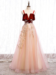 Burgundy A-line Tulle Lace Long Prom Dress Outfits For Women Tulle Formal Dress
