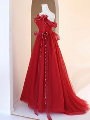 Burgundy A-Line Tulle Long Prom Dress Outfits For Girls, Burgundy Tulle Formal Dress