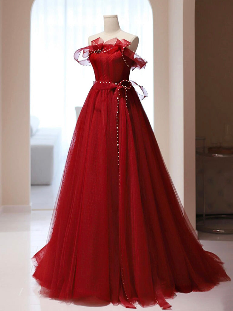 Burgundy A-Line Tulle Long Prom Dress Outfits For Girls, Burgundy Tulle Formal Dress