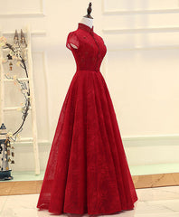 Burgundy High Low Lace Long Prom Dress Outfits For Girls, Burgundy Evening Dress