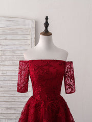 Burgundy Lace Short Prom Dress Outfits For Girls, Burgundy Homecoming Dress