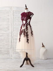 Burgundy Lace Tulle High Low Prom Dress Outfits For Women Burgundy Bridesmaid Dress
