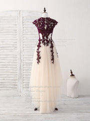Burgundy Lace Tulle High Low Prom Dress Outfits For Women Burgundy Bridesmaid Dress