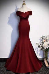 Burgundy Mermaid Long Prom Dress Outfits For Girls, Off the Shoulder V-Neck Formal Evening Dress