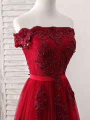 Burgundy Off Shoulder Tulle Lace Applique Long Prom Dress Outfits For Girls, Evening Dress