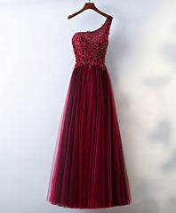 Burgundy One Shoulder Long Prom Dress Outfits For Girls, Lace Evening Dress