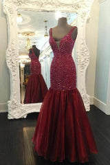 Burgundy Rhinestones Mermaid Evening Dress Outfits For Women with Skirt,Formal Dresses