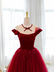 Burgundy Round Neck Tulle Lace Long Prom Dress Outfits For Girls, Burgundy Evening Dress