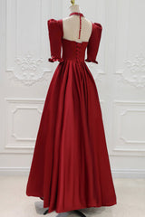Burgundy Satin High Neck Long Prom Dress Outfits For Girls, Burgundy A-Line Evening Party Dress
