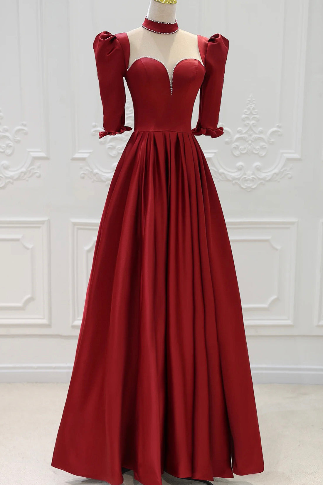 Burgundy Satin High Neck Long Prom Dress Outfits For Girls, Burgundy A-Line Evening Party Dress