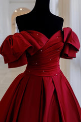 Burgundy Satin Long A Line Prom Dress Outfits For Girls,Elegant Evening Dress