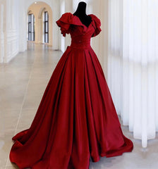Burgundy Satin Long A Line Prom Dress Outfits For Girls,Elegant Evening Dress