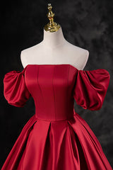 Burgundy Satin Long A-Line Prom Dress Outfits For Girls, Off the Shoulder Evening Party Dress