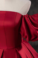 Burgundy Satin Long A-Line Prom Dress Outfits For Girls, Off the Shoulder Evening Party Dress