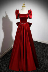 Burgundy Satin Long Prom Dress Outfits For Girls, A-Line Evening Dress Outfits For Women with Bow