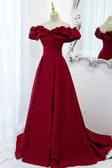 Burgundy Satin Long Prom Dress Outfits For Girls, A-Line Off Shoulder Evening Party Dress