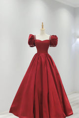 Burgundy Satin Long Prom Dress Outfits For Girls, A-Line Short Sleeve Evening Dress