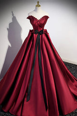 Burgundy Satin Long Prom Dress Outfits For Girls, Burgundy A-Line Evening Dress