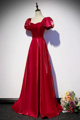 Burgundy Satin Long Prom Dress Outfits For Girls, Simple A-Line Evening Dress