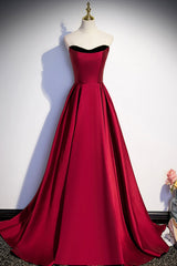 Burgundy Satin Long Prom Dress Outfits For Girls, Simple A-Line Evening Party Dress