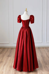 Burgundy Satin Long Prom Dress Outfits For Girls, Simple A-Line Short Sleeve Evening Dress