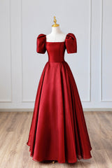 Burgundy Satin Long Prom Dress Outfits For Girls, Simple A-Line Short Sleeve Evening Dress