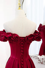 Burgundy Satin Off the Shoulder Beaded Long Formal Dress Outfits For Girls, Burgundy A-Line Prom Dress
