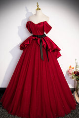 Burgundy Satin Tulle Long Prom Dress Outfits For Girls, Off Shoulder Evening Dress