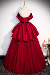 Burgundy Satin Tulle Long Prom Dress Outfits For Girls, Off Shoulder Evening Dress