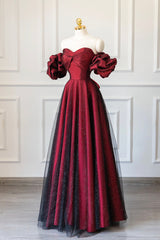 Burgundy Satin Tulle Long Prom Dress Outfits For Girls, Off Shoulder Evening Party Dress