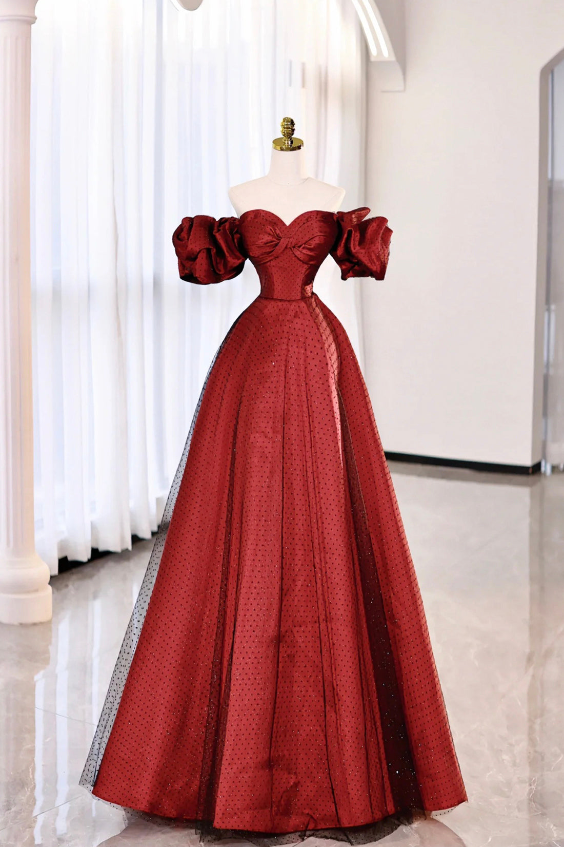 Burgundy Satin Tulle Long Prom Dress Outfits For Girls, Off the Shoulder Evening Party Dress