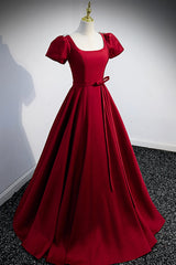 Burgundy Scoop Neckline Satin Long Prom Dress Outfits For Girls, Short Sleeve Evening Dress