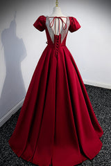 Burgundy Scoop Neckline Satin Long Prom Dress Outfits For Girls, Short Sleeve Evening Dress