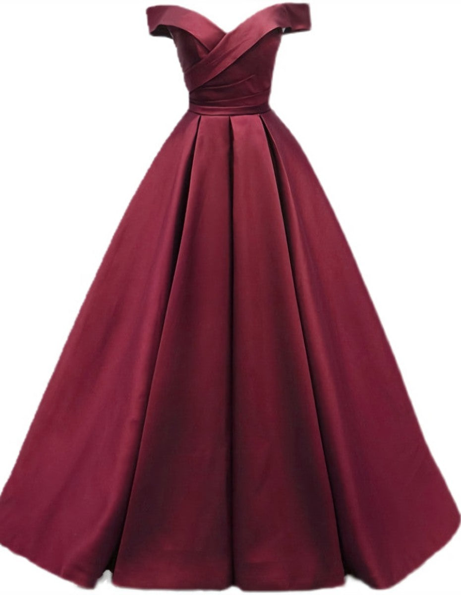 Burgundy Simple A-line Floor Length Satin Off Shoulder Party Dress Outfits For Girls, Long Evening Dress