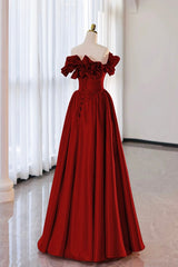 Burgundy Strapless Satin Long Prom Dress Outfits For Girls, A-Line Evening Party Dress