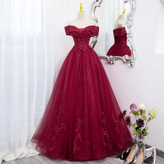 Burgundy Sweetheart Flowers Sequins Lace Party Dress Outfits For Girls, Long Formal Dress Outfits For Women Prom Dress