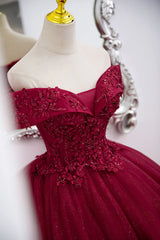 Burgundy Sweetheart Flowers Sequins Lace Party Dress Outfits For Girls, Long Formal Dress Outfits For Women Prom Dress