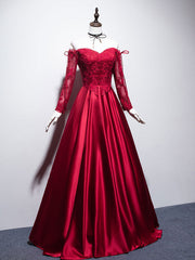 Burgundy Sweetheart Lace Satin Long Prom Dress Outfits For Women Burgundy Evening Dress