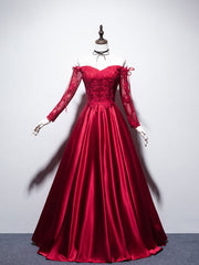 Burgundy Sweetheart Lace Satin Long Prom Dress Outfits For Women Burgundy Evening Dress
