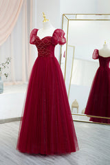 Burgundy Tulle Beaded Long Prom Dress Outfits For Girls, A-Line Short Sleeve Evening Dress