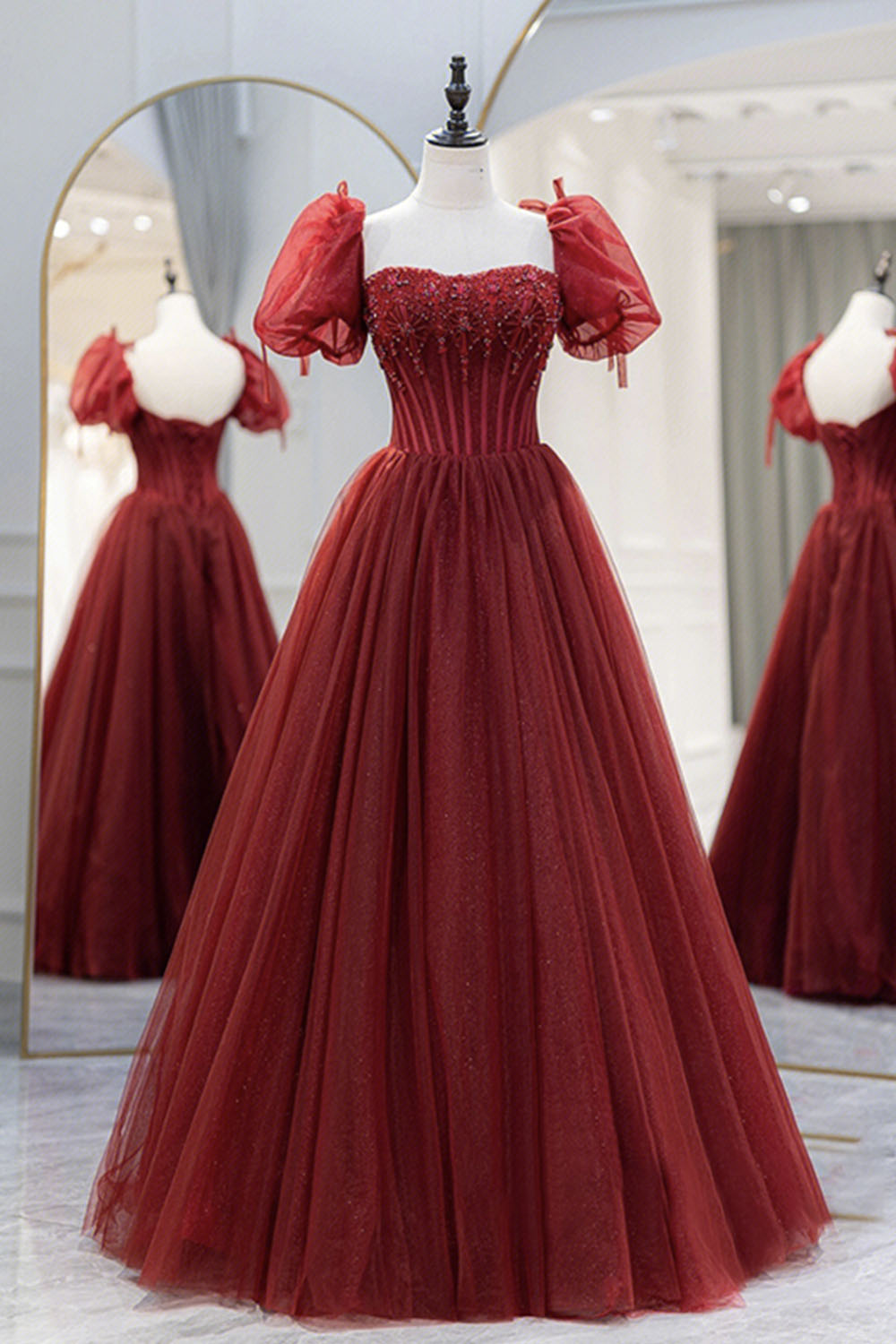Burgundy Tulle Beaded Long Prom Dress Outfits For Girls, A-Line Short Sleeve Formal Dress