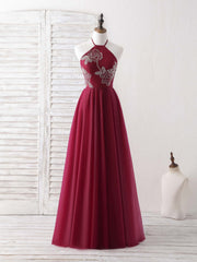 Burgundy Tulle Beads Long Prom Dress Outfits For Women Burgundy Evening Dress