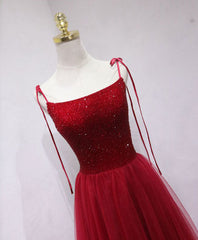 Burgundy tulle beads long prom Dress Outfits For Girls, burgundy tulle formal dress