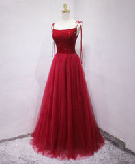 Burgundy tulle beads long prom Dress Outfits For Girls, burgundy tulle formal dress