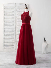 Burgundy Tulle Lace Long Prom Dress Outfits For Girls, Burgundy Bridesmaid Dress