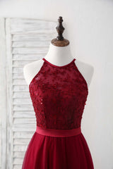 Burgundy Tulle Lace Long Prom Dress Outfits For Girls, Burgundy Bridesmaid Dress